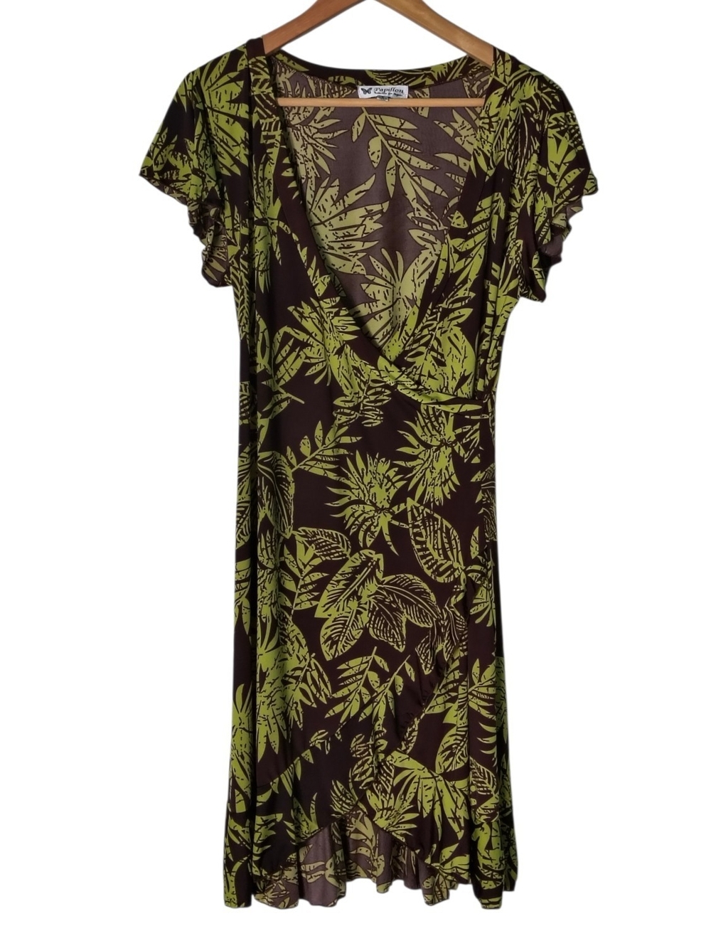 Papillon Brown Dress with Green Leaf Print